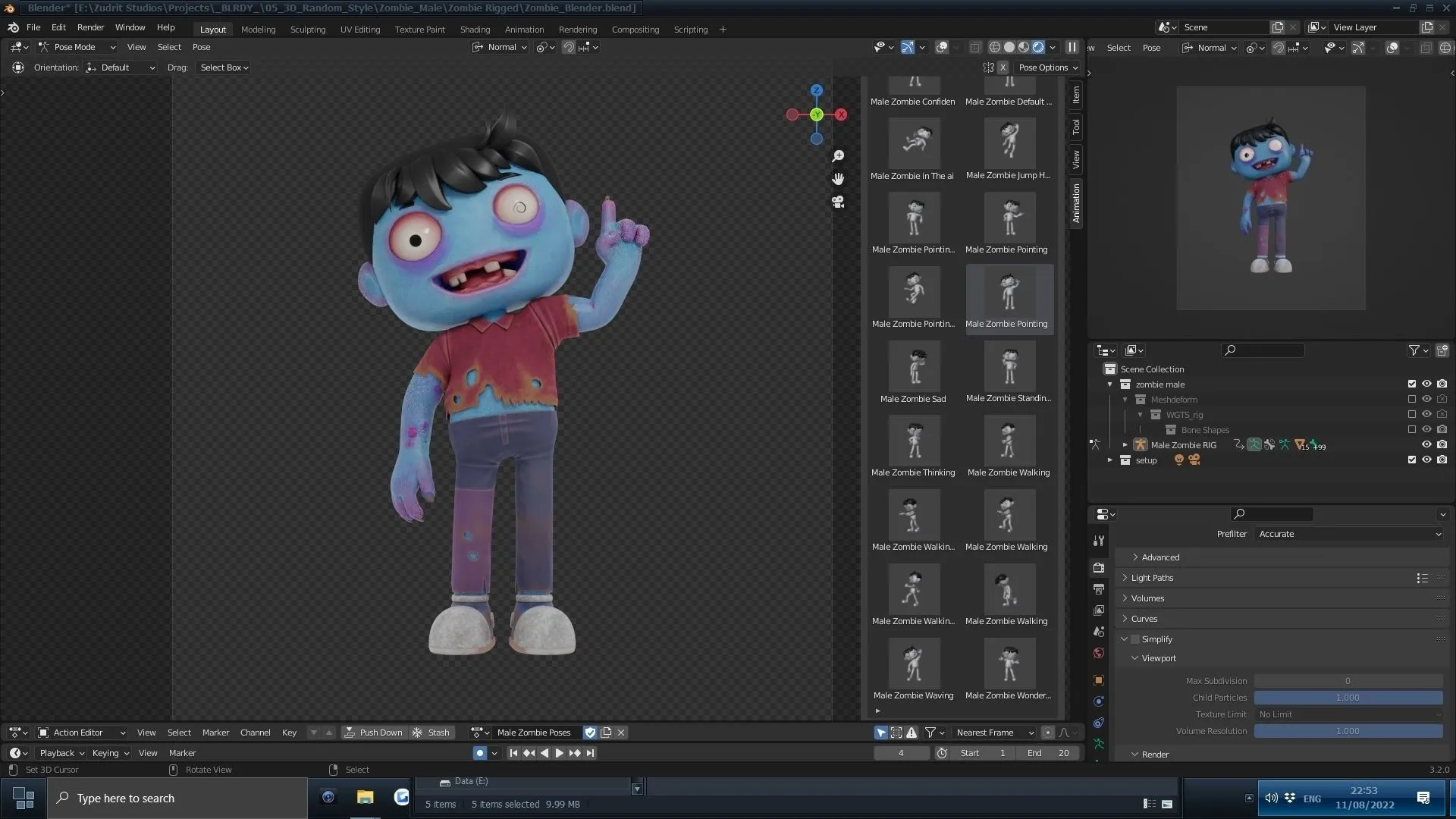 Cartoon Male Zombie 3D model in Blender workspace